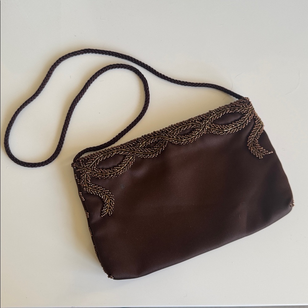 Vintage Brown Satin beaded evening bag
